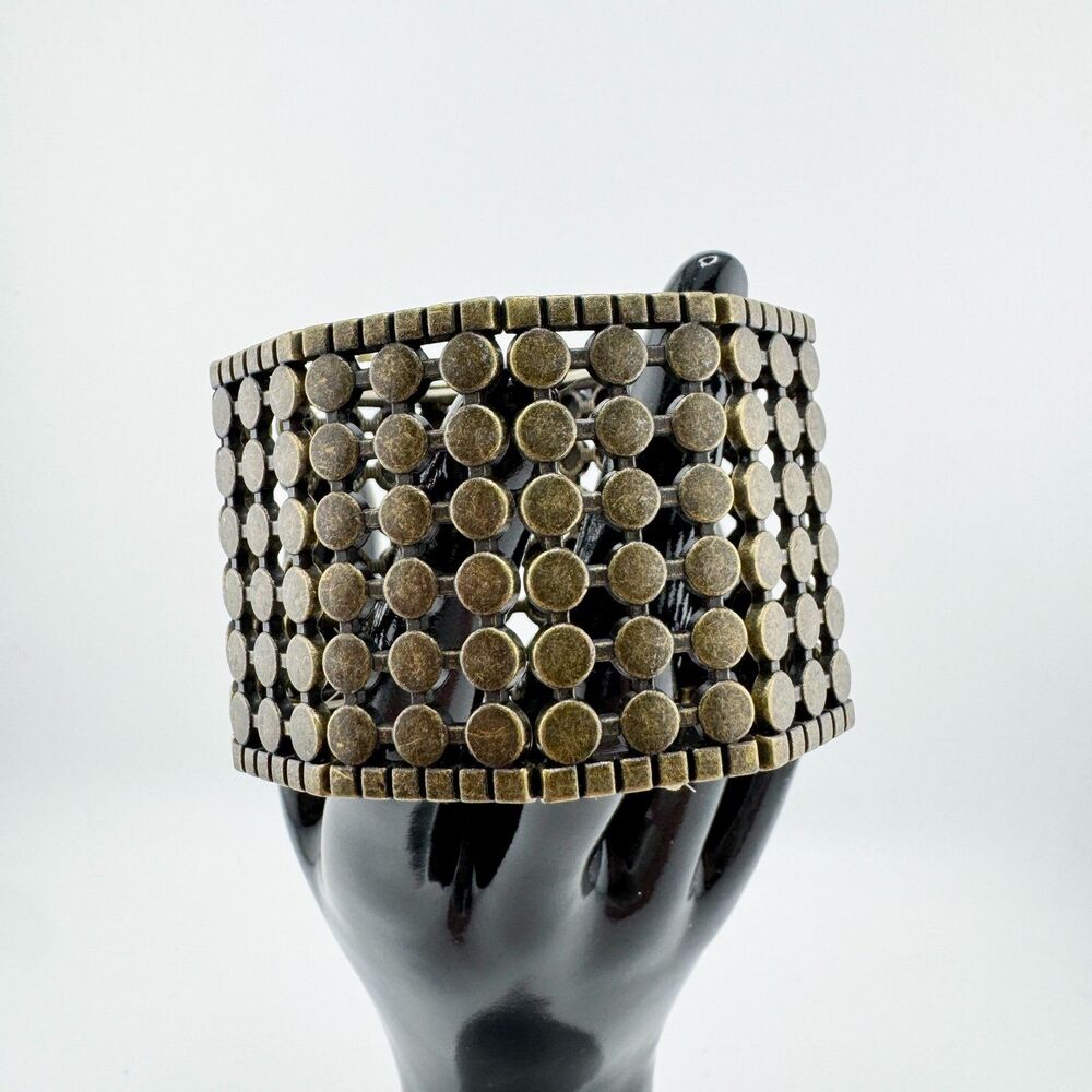 Vintage Bronze Tone Stretch Bracelet Wide Geometric Dot Panel Boho Hero Retro